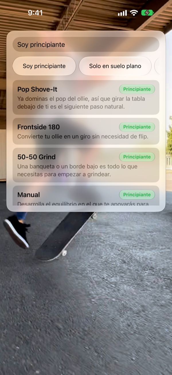 Trick Me AI en iPhone: le pides trucos para principiante y te da pop shove-it, frontside 180, 50-50 grind y manual