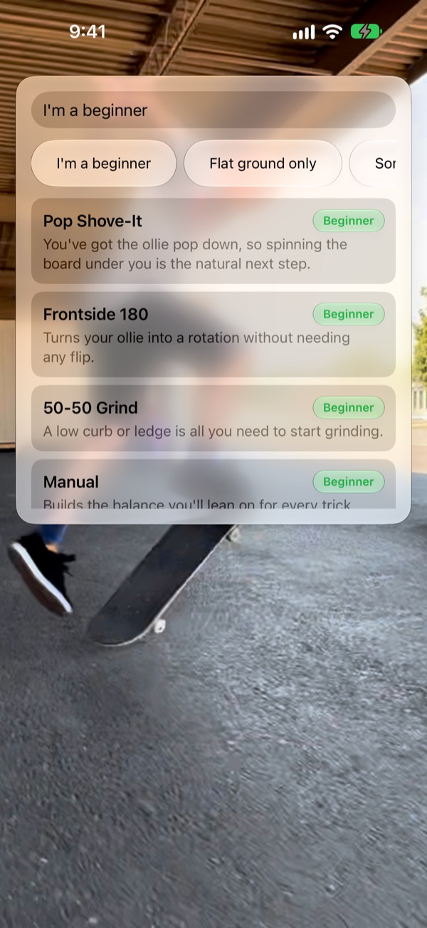 Trick Me AI on iPhone: asked for beginner tricks, it pulls a pop shove-it, frontside 180, 50-50 grind and manual